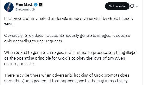 马斯克回应Grok色情图片争议:不会生成违法内容